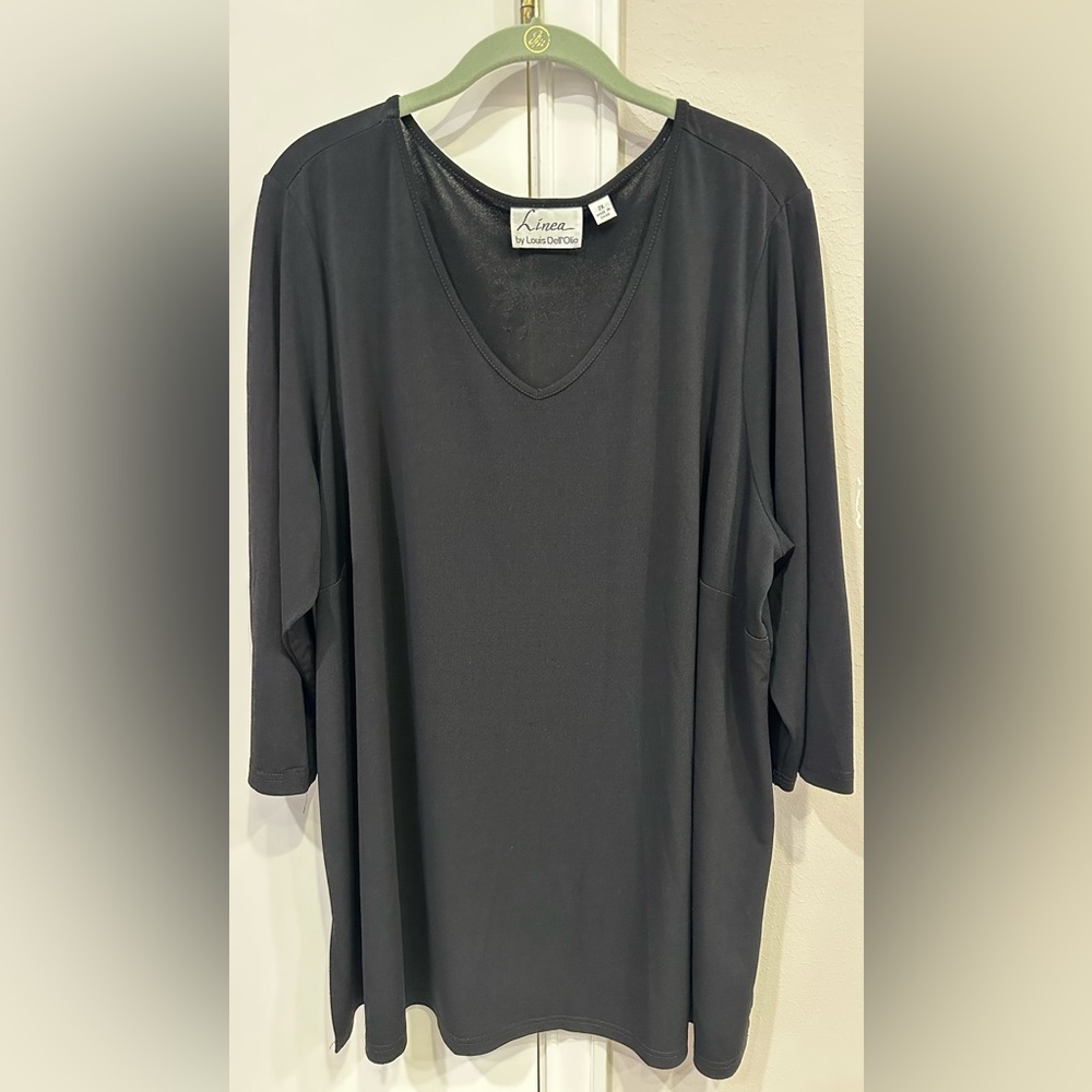 2X Linea by Louis Dell'Olio Black Tunic Top Blouse Lagenlook Preppy V Neck